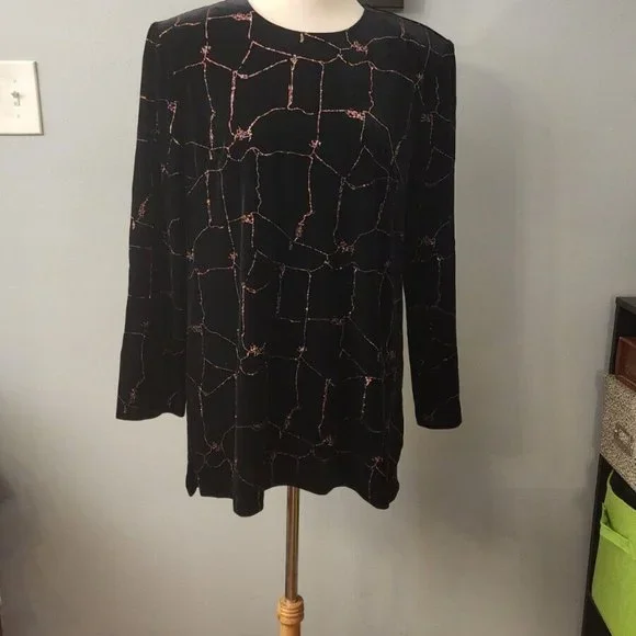 R&M Richards Karen Kwong Vintage Black Velvet Multi-Color Sparkle Tunic Size 14 - Picture 3 of 11